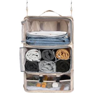 Surblue Hanging Shelves Travel Compression Packing Cube for Carry-on Luggage Suitcase Collapsible Transformable Garment Closet Organizers Large Capacity, Beige, XXL