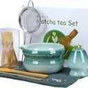 8 Pcs Matcha Whisk Set, Ceramic Matcha Japanese Tea Set Includes 16oz Bowl, Whisk and Holder, Bamboo Scoop and Spoon, Scoop Rest, Sifter and Towel, Green Glaze Making Kit for Tea Lovers