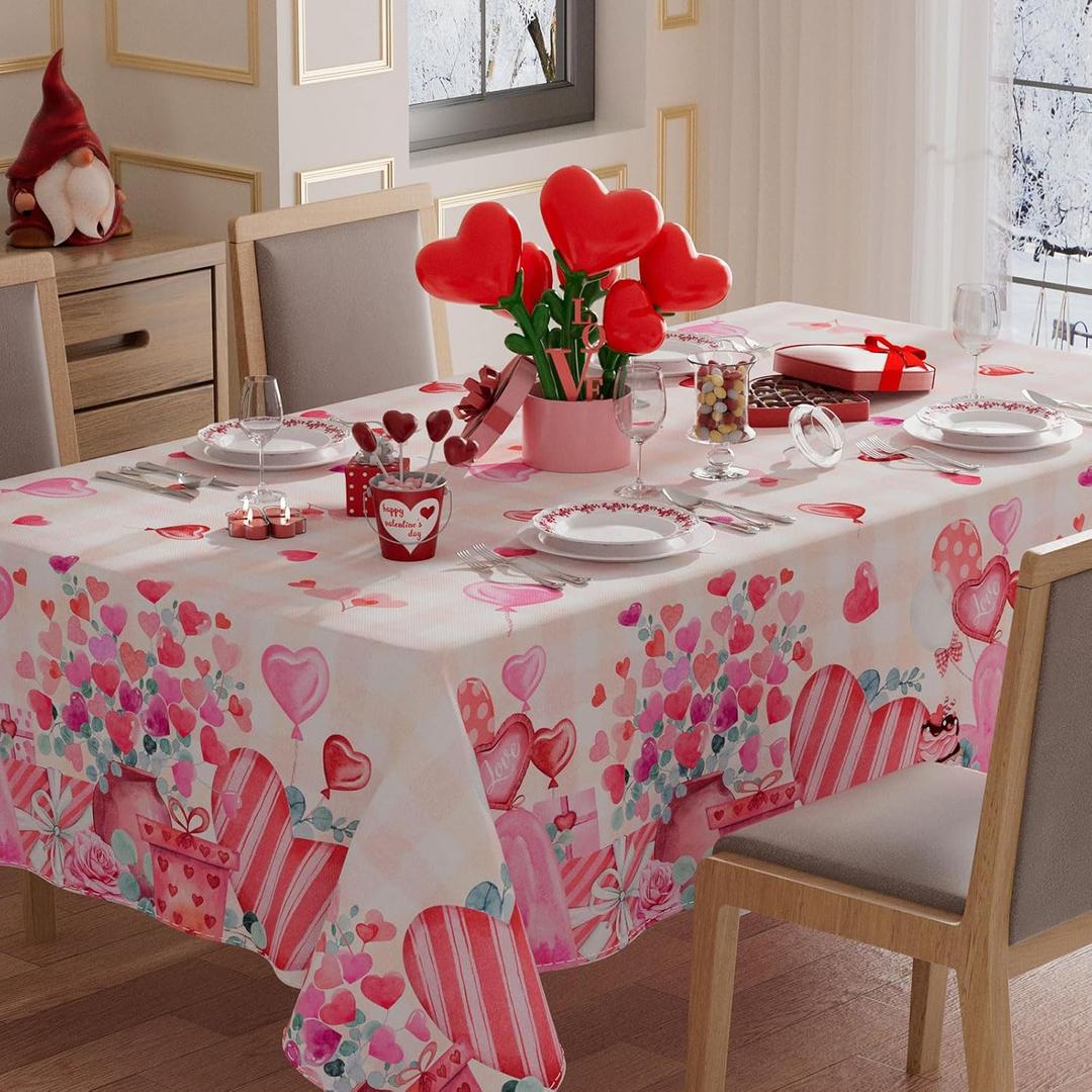 XCHI Watercolor Plaid Love Hearts Flowers Gift Valentine's Day Tablecloth Rectangle Table Cloth Washable Table Covers for Indoor Dining Home Party Decorations 60x84 Inch