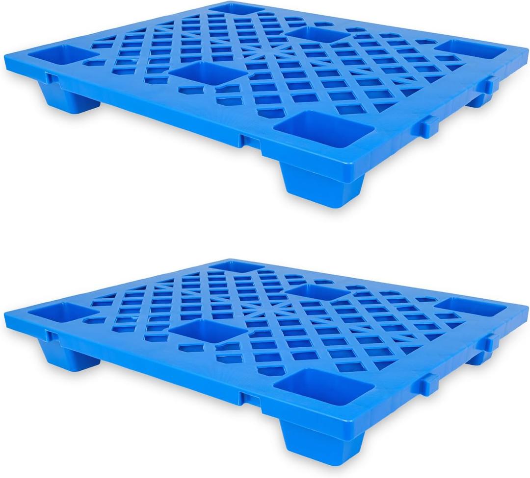 Plastic Pallets 23.6" x 19.7" x 3.9", Lightweight Water-Proof Floor Pallet with Breathable Grid for Indoor Outdoor, Warehouse, Garages, Kitchen, Basement (2 Pack, 1100lbs Load Capacity, Blue)