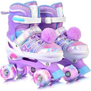 SULIFEEL Rainbow Tie-Dye Adjustable Roller Skates for Girls Kids Ages 3-5 5-8 6-12 Pink Purple Light Up Skate with Fluffy Pom Poms Triple Protection for Indoor Outdoor Skating (Small - Little Kid)