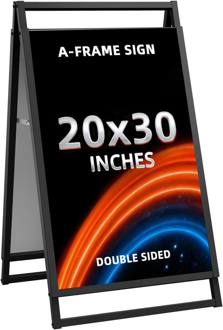 Heavy Duty Slide-in Folding A Frame Sign Sidewalk Sign20x30Inch Sandwich Board Steel Metal Double-Side Pavement sign Corrugated Plastic Poster (20x30 inch(Frame only))