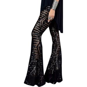 BLENCOT Women's Glitter Sequin Wide Leg Palazzo Pants High Waist Bell Bottoms Party Flared Trousers (S, Black)