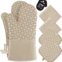 KEGOUU Oven Mitts and Pot Holders 6pcs Set, Kitchen Oven Glove High Heat Resistant 500 Degree Extra Long Oven Mitts and Potholder with Non-Slip Silicone Surface for Cooking (Almond)