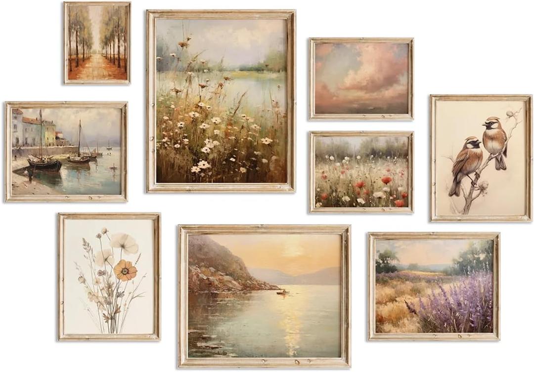Farmhouse Wall Decor Vintage Posters for Room, Netural Boho Wall Art, Eclectic French Country Flower Art Prints,, Nature Landscape Sunset Clouds Cottage core Gallery Wall Pictures for Bedroom Living Room (Set of 9pcs)