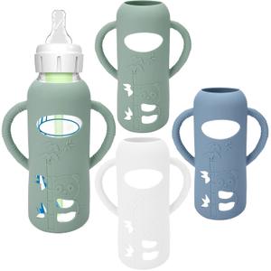 3 Pack Silicone Sleeves for Dr. Brown's Glass Baby Bottles - Drop Protection Baby Bottle Sleeves,Compatible with Dr. Brown's Newborn Glass Bottles,with Silicone Handles,8 oz (White+Green+Dark Blue)