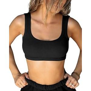 XUNYU Sports Bras for Women U Back Workout Tops with Built in Bra Ribbed Crop Tank Top Square Neck Wireless Yoga Gym bra Black, Small