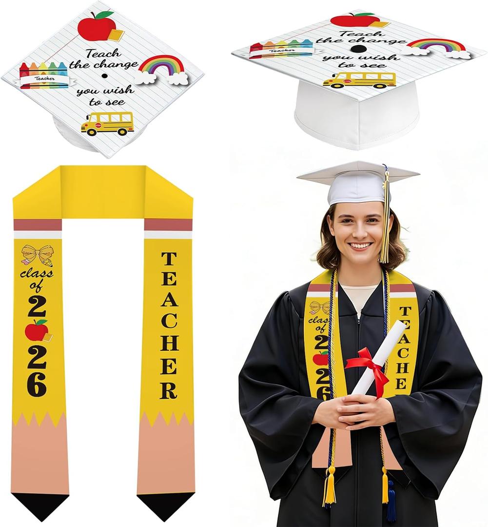 2 Pcs Teacher Graduation Stole and Cap 2026 Graduation Set for Congrats Grad College Teacher Educator
