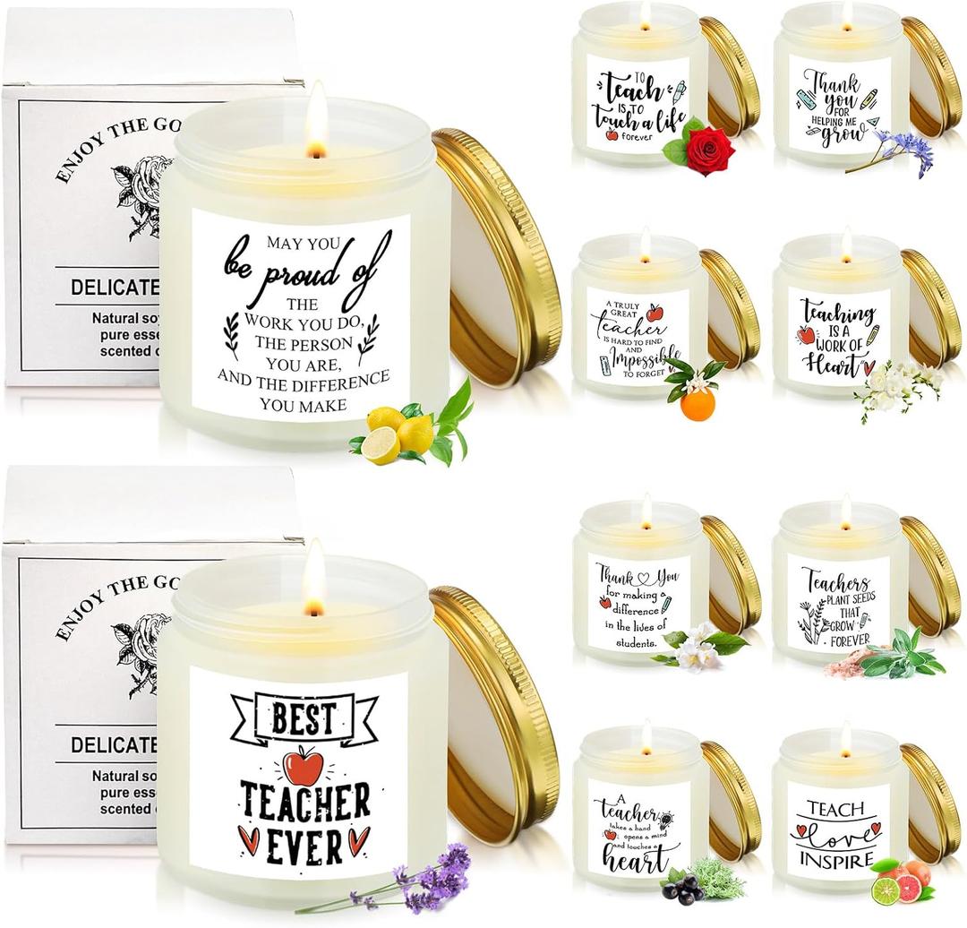 Lounsweer 10 Pcs Teacher Appreciation Gift Candles Bulk 3.5 oz Teacher Team Coworker Candles Inspirational Scented Jar Office Thank You Gift Women Men Retirement, 10 Scents(Simple,Fresh)