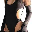 LINNSUJH Rave Outfits for Women Goth Festival Cutout Bodysuit Long Sleeve Black Cut Out Body Suit Streetwear Hollow Out Lingerie Set 2 Piece for Club Party Costume Rave Wear (Black) XS