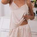 CHYRII Women's Sexy Silk Satin Ruffled Pajamas Sets Cami Shorts Sets Sleepwear (Pink, L)