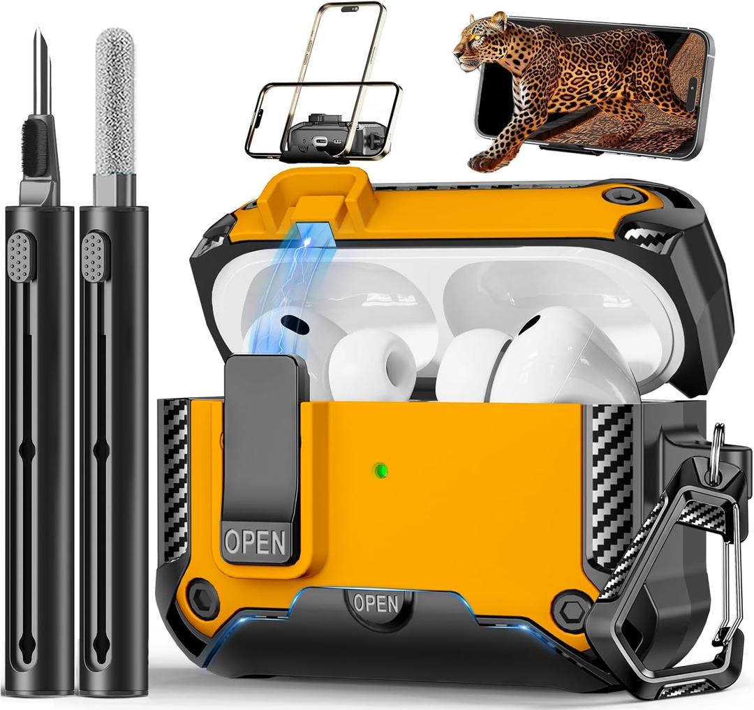 for AirPods Pro 3 Case with Phone Stand,(Automatic Snap Switch Lock) Carbon Fiber Texture Design Cover with Cleaner Kit -Yellow