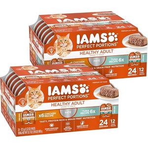 IAMS Perfect Portions Healthy Adult Wet Cat Food with Chicken and Tuna Recipe Variety Pack, Easy Peel Twin-Pack Trays, Pack of 24 (48 Total Servings) (EXP 08/15/26)