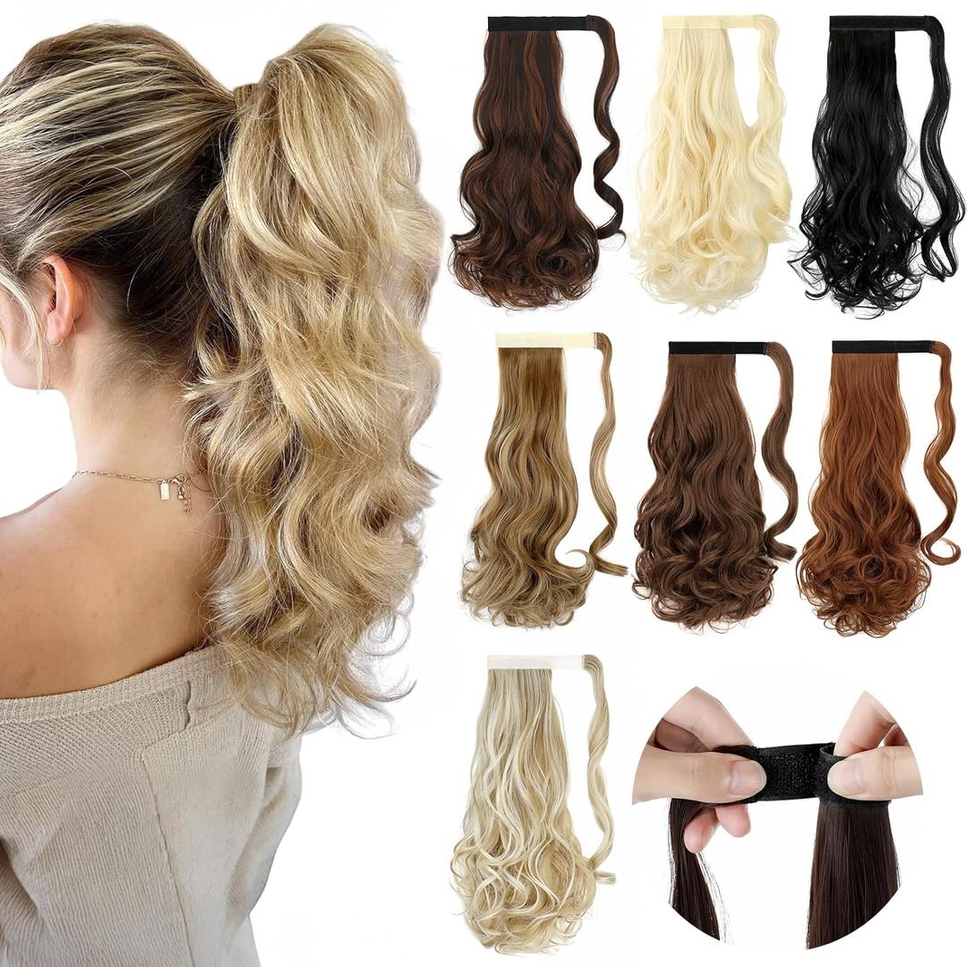 FELENDY 18" Ponytail Extension Curly Wavy Clip in Hairpiece Wrap Around Long Pony Tails Hair Extensions Synthetic for Women Ash Blonde