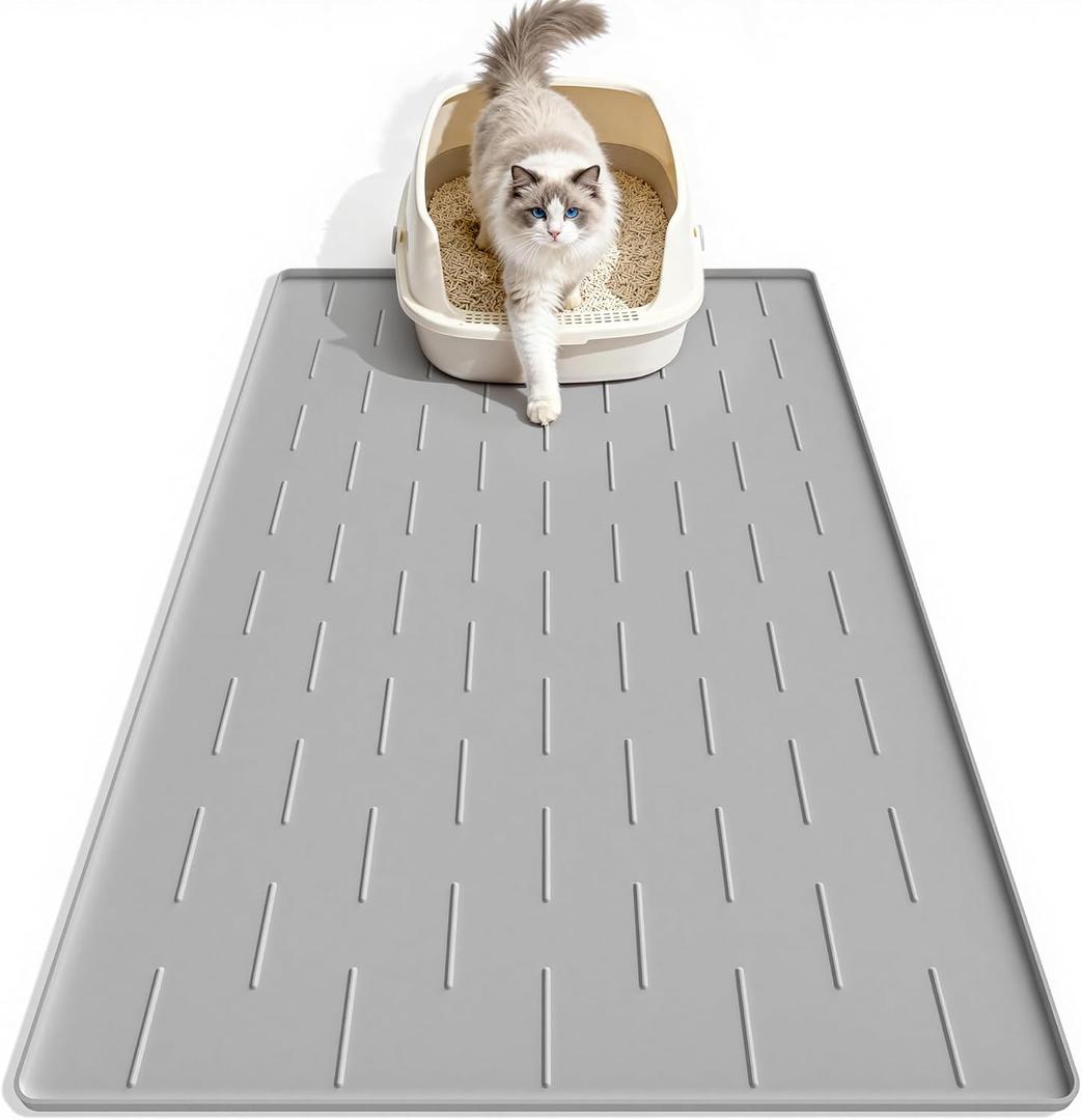 Pieviev Silicone Cat Litter Trapping Mat, 34''x22'' Large Cat Litter Mat, Easy to Clean & Soft on Kitty Paws, Waterproof Kitty Litter Pads for Indoor Cats, Light Grey