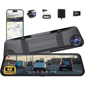 4K + 2.5K Mirror Dash Cam, 12'' Smart Rear View Mirror Camera with with IMX415 Sensor, WiFi, ADAS, BSD, GPS, Full HD Touch Screen, APP Control, Night Vision, Parking Monitoring, Free 64GB Card