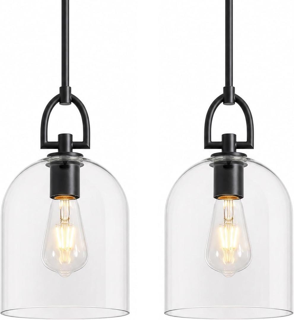 CNRATYE Modern Black Pendant Lights Kitchen Island 2-Pack Clear Glass Shade, 7.1"
