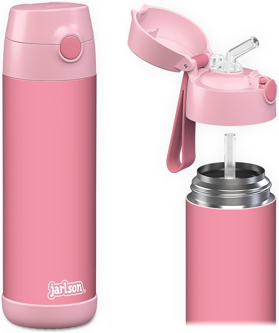 Jarlson Kids Water Bottle CHARLI [18OZ] - Stainless Steel Thermo Bottle with Straw - Insulated, Spill Proof Waterbottle for School & Sports - Thermo Tumbler for Boys & Girls (Pink)