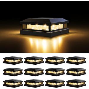 Solar Post Cap Lights Outdoor 12 Packs for 4x4 5x5 Vinyl/Wooden Posts, Waterproof Solar Powered Fence Post Light with Warm/Cool Lighting, Black 16LEDs Deck Cap Light for Garden, Patio, Porch