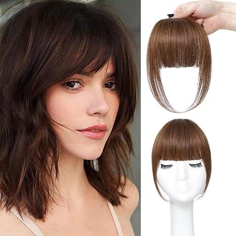 Clip in Bangs Brown Color 100% Real Human Hair Wispy Clip on Bangs Extensions Fringe with Temples Hairpieces for Women, Brown