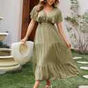 Amegoya Women's Summer Floral Print Maxi Dress Women Chiffon Long Flowy Bohemian Beach Party Dresses（XL Olive Green）