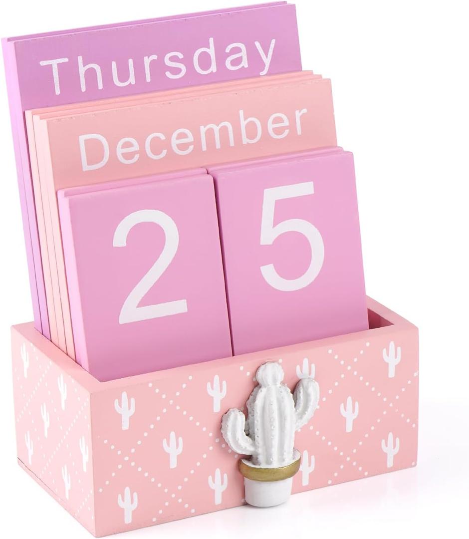 Perpetual Calendar for Desk Vintage Wooden Calendar for Kids Daily Desk Calendar Month Week Date Display Home Office Desk Rustic Decoration (1Pcs Pink, Cactus)