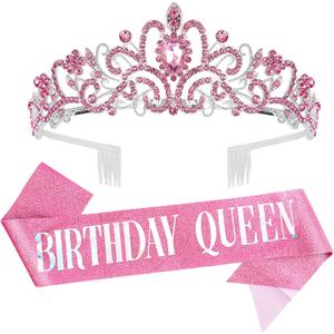 Birthday Tiara for Women, Tiara for Women Pink Rhinestone, Happy Birthday Queen Tiara for Women, Crown for Girls Tiaras Birthday Queen Crowns with Birthday Girl Sash, Pack of 2