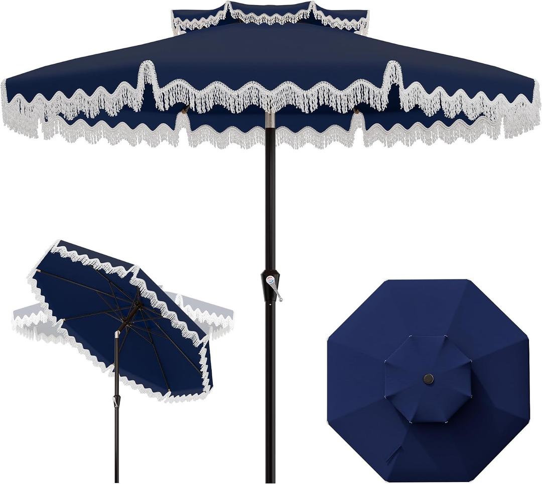 AreShark 9FT Patio Umbrella with Fringe, Wind-Resistant Fiberglass 8 Ribs Tassel Outdoor Umbrella with Crank and Push Button Tilt, Double Tier Vent Sun Shade for Pool, Deck, Backyard, Navy