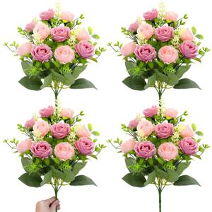 TURNMEON 40 Heads Fake Roses Artificial Flowers for Outdoors Summer Decor, 4 Bouquets UV Resistant Fake Flower Bouquet Faux Silk Roses for Wedding Birthday Party Home Mother's Day Cemetery Decor(Pink)