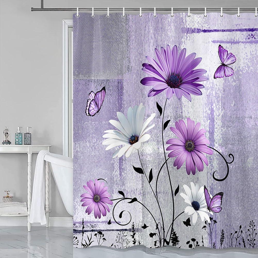 Farmhouse Floral Shower Curtain for Bathroom, Daisy Flowers Butterfly Vintage Purple Farm Style Shower Curtain Set, Polyester Fabric Farmhouse Bathroom Curtain Set with Hooks (72"W x 72"L (Pack of 1))