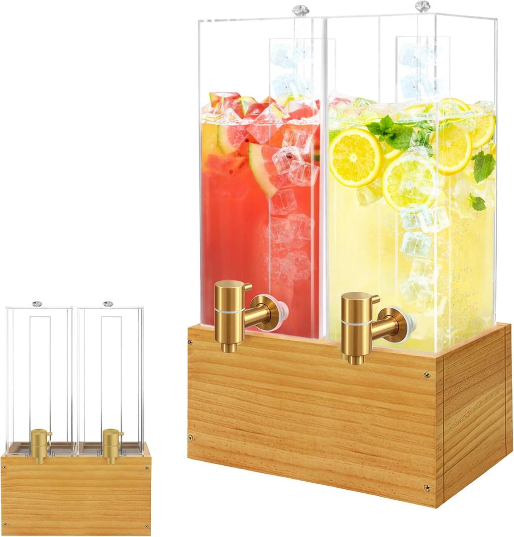 Beverage Dispenser with Stand, 4 Gallon Dual Drink Dispenser Stand, Large Drink Dispenser for Party, Wood Stand 
