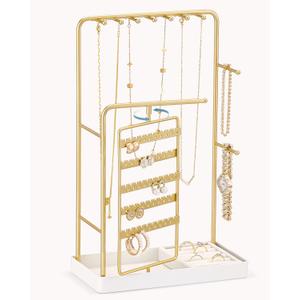 Lolalet Jewelry Organizer Stand, No Assembly Needed Display Storage with Rotating Earring Holder and Velvet Ring Tray for Necklace Bracelet Studs,Christmas Gifts Room Dorm Decor for Teen Girls -Gold