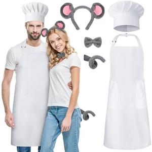 XLSXEXCL 5-Piece Ratatouille Couple Costume Set for Adults, Chef Mouse Costume Accessories with Adjustable White Apron, Hat, Bow Tie, Mouse Headband and Tail for Halloween Cosplay