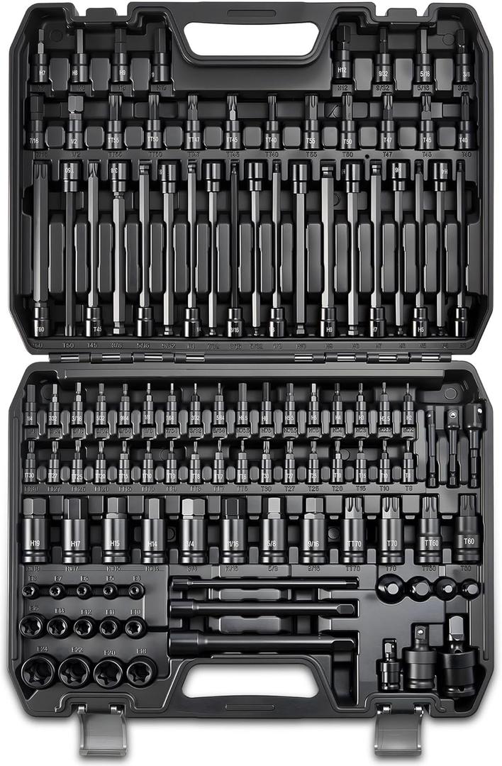 112PC Master Torx & Hex Bit Socket Set,1/4" 3/8" 1/2" Drive, S2 Steel, Impact AD Adapters, U-Joints, Extension Bars, Long Torx & Ball End Hex, SAE & Metric, Black Phosphate