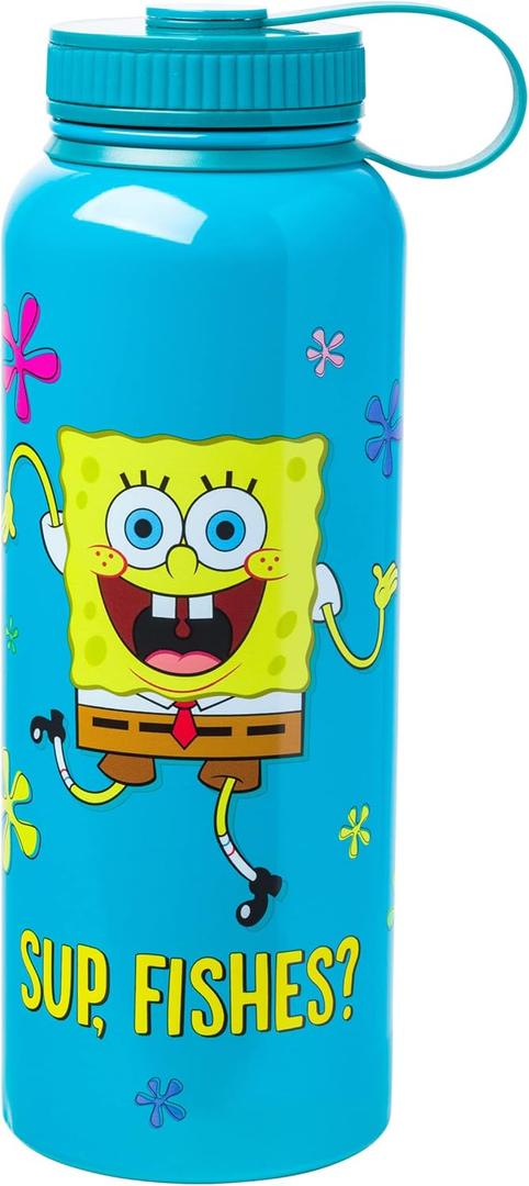 Silver Buffalo Spongebob Squarepants Sup, Fishes? Stainless Steel Water Bottle With Twist Lid, 42 Ounces