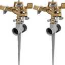 Biswing 2 Pack Impact Sprinklers with Stand (Spike), Heavy Duty Zinc Alloy Lawn Sprinkler Head on Spike Base, Adjustable Watering Sprinkler for Large Area Grass Yards Patio Garden Irrigation