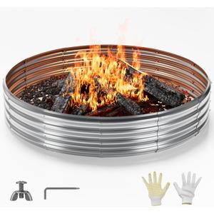 Mr IRONSTONE Outdoor Fire Pit Galvanized Fire Pit Ring, Foldable Outdoor/Camping/Gatherings 5 FT Diameter Fire Pit for Yard/Garden/Park/Beach, 60 Inches Fire Ring Pit, Silver