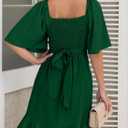 Dokotoo Women's Wrap V Neck Short Flared Sleeve Wedding Guest Dress Smocked Elastic Waist Tiered Belted Ruffle Hem Mini Dress (Green)