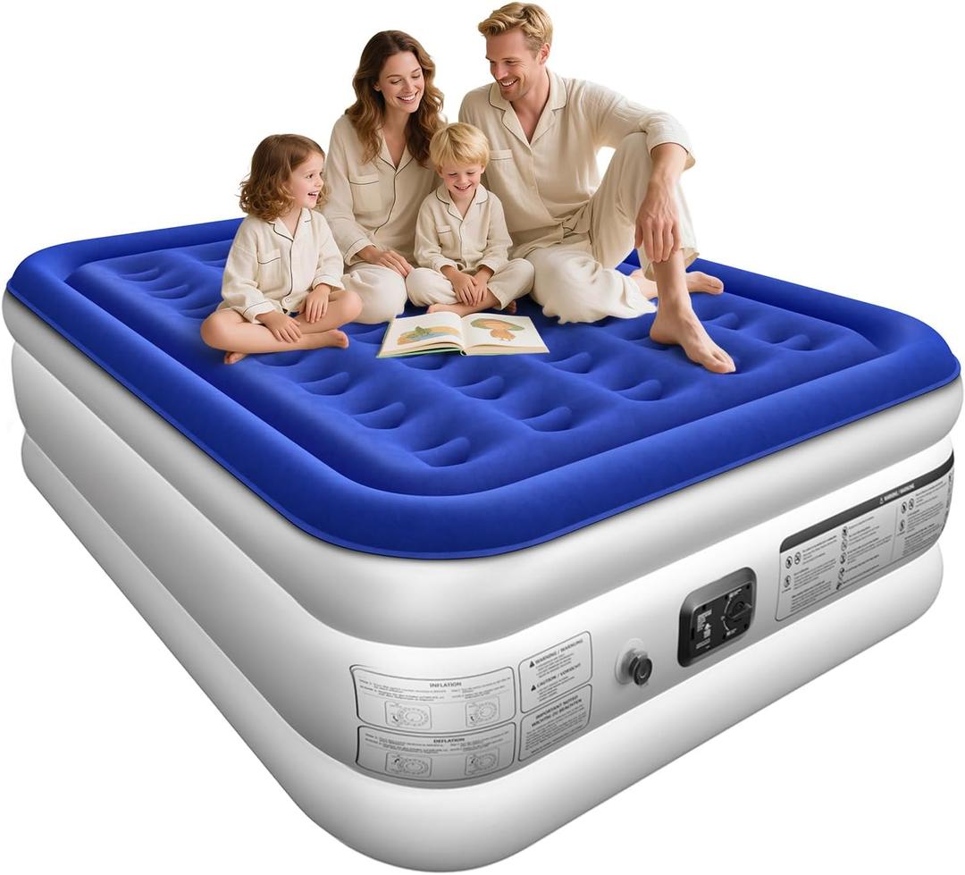 Queen Air Mattress with Built in Pump Luxurious Comfort 18"Raised Inflatable Mattress Queen Airbed Blow Up Mattress for Home and Guests 80"*60"*18"Air Bed 3 Mins Fast Inflate/Deflate 660lbs Max (18" Blue & White)