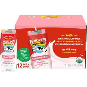 Horizon Organic Shelf Stable 1% Lowfat Strawberry Milk Boxes, Pack of 12 - 8g Protein per Serving (EXP 09/24/26)