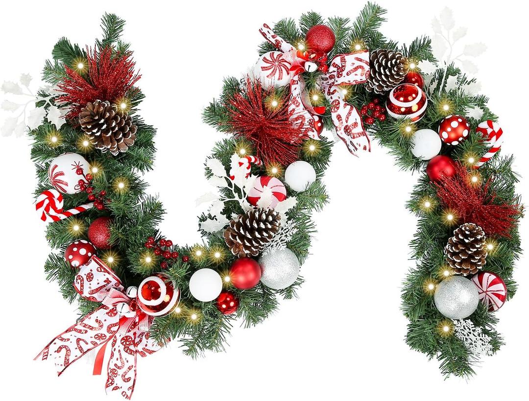WBHome Pre-lit 6 Feet/72 Inch Decorated Christmas Garland, Red & White Lighted Garland with 35 LED Lights for Indoor Outdoor Xmas Decor Holiday Decorations, Battery Operated (Batteries NOT Included)