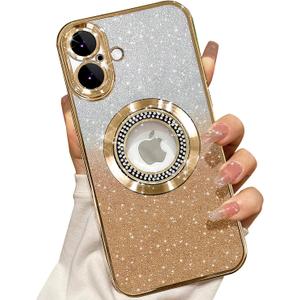 Misscase for iPhone 16 Magnetic Glitter Case Compatible with MagSafe,Full Protection Slim Shockproof Anti-Scratch Case with Camera Lens Protector Logo View Dust-Proof Net for Women Gold (iPhone 16 (6.1"))
