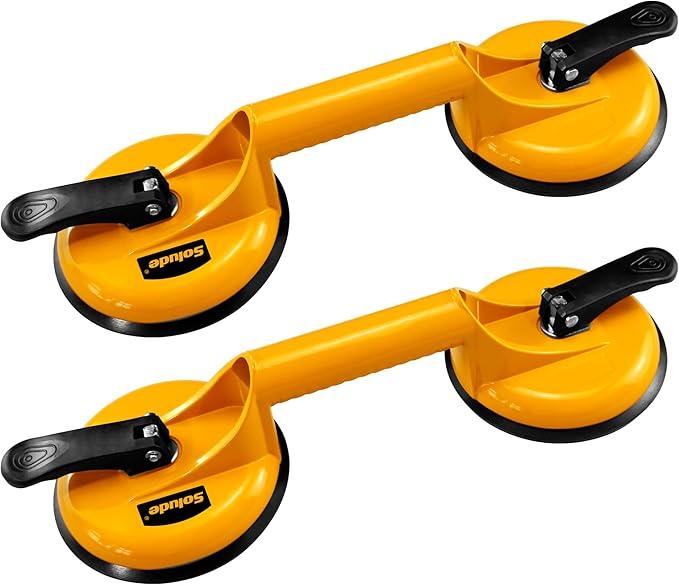 SOLUDE 2 Pack Glass Suction Cup, Aluminium Heavy Duty Vacuum Lifter for Moving Glass/ Window/ Tiles/ Mirror/ Granite, Double Gripper Sucker Plate, Yellow