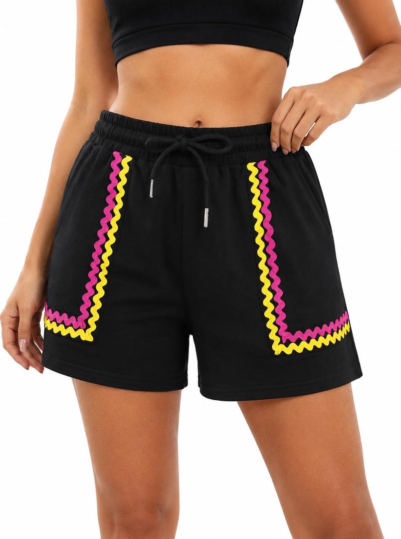 SOFIA'S CHOICE Women Sweat Shorts Athletic High Waisted Drawstring Wide Leg Summer Shorts Black Small (Black, S)
