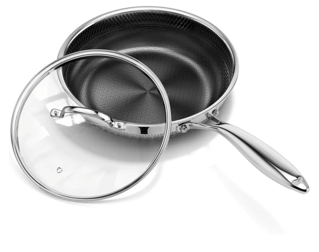 8 Inch Nonstick Frying Pan with Lid, Titanium Ceramic Tri-Ply Stainless Steel Non Stick Skillet W/Lid Small Hybrid Cooking Pan Healthy Induction Egg Frying Pan W/Stay Cool Handle, PFAS/PFOA/PTFE Free