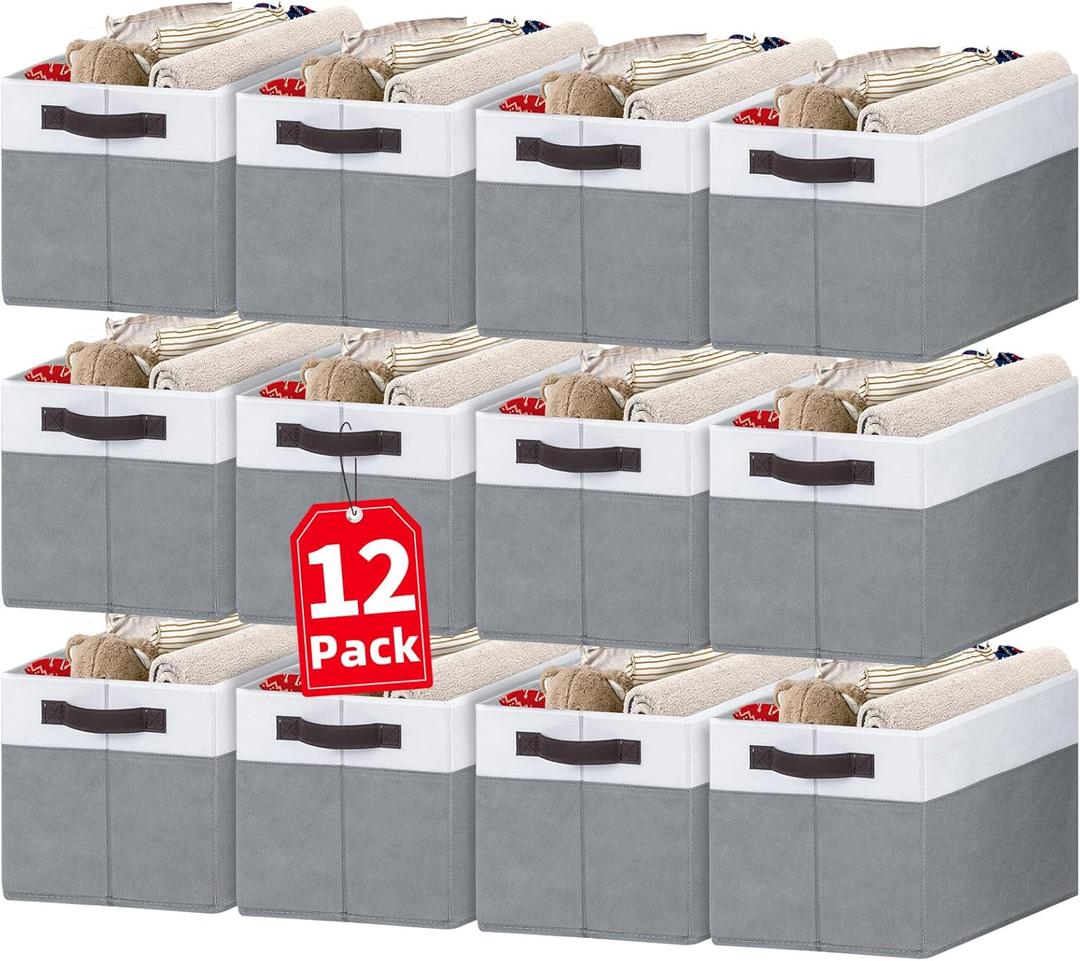 Criusia 12 Pack Large Storage Baskets for Shelves | Fabric Closet Organizers and Storage Bins with Handles for Home Organization | Decorative Collapsible Basket for Organizing Clothes Toy Nursery (12pcs - Rectangular 14"x10"x9.5", White with Grey)