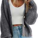 PRETTYGARDEN Women's Chunky Knit Open Front Sweater Long Sleeve Button Loose Short Cardigan Outerwear Coats (Large, Grey)