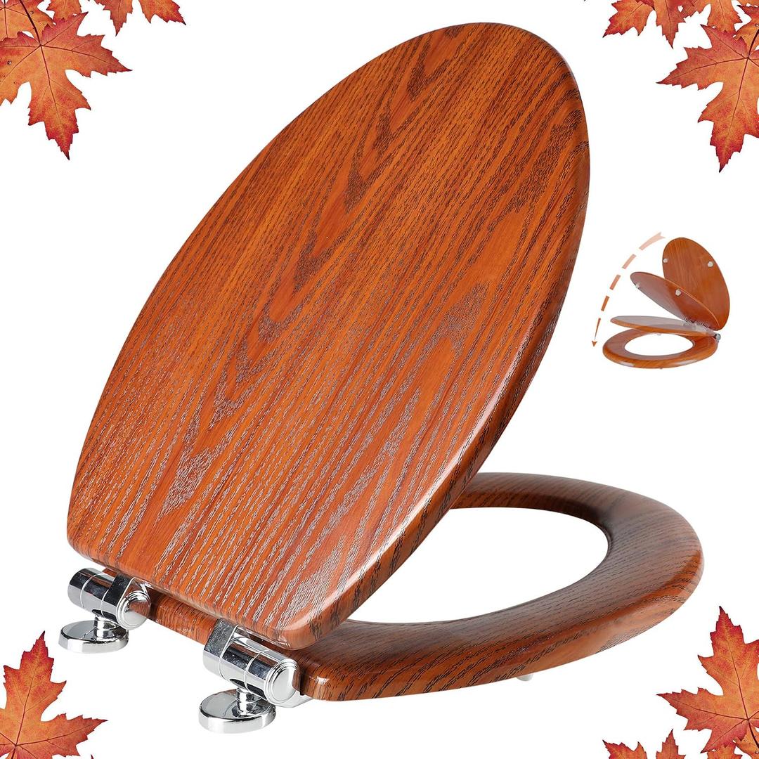 Elongated Toilet Seat Molded Wood Toilet Seat with Quietly Close and Quick Release Hinges, Easy to Install also Easy to Clean by Angol Shiold (Elongated, Brownish Yellow)
