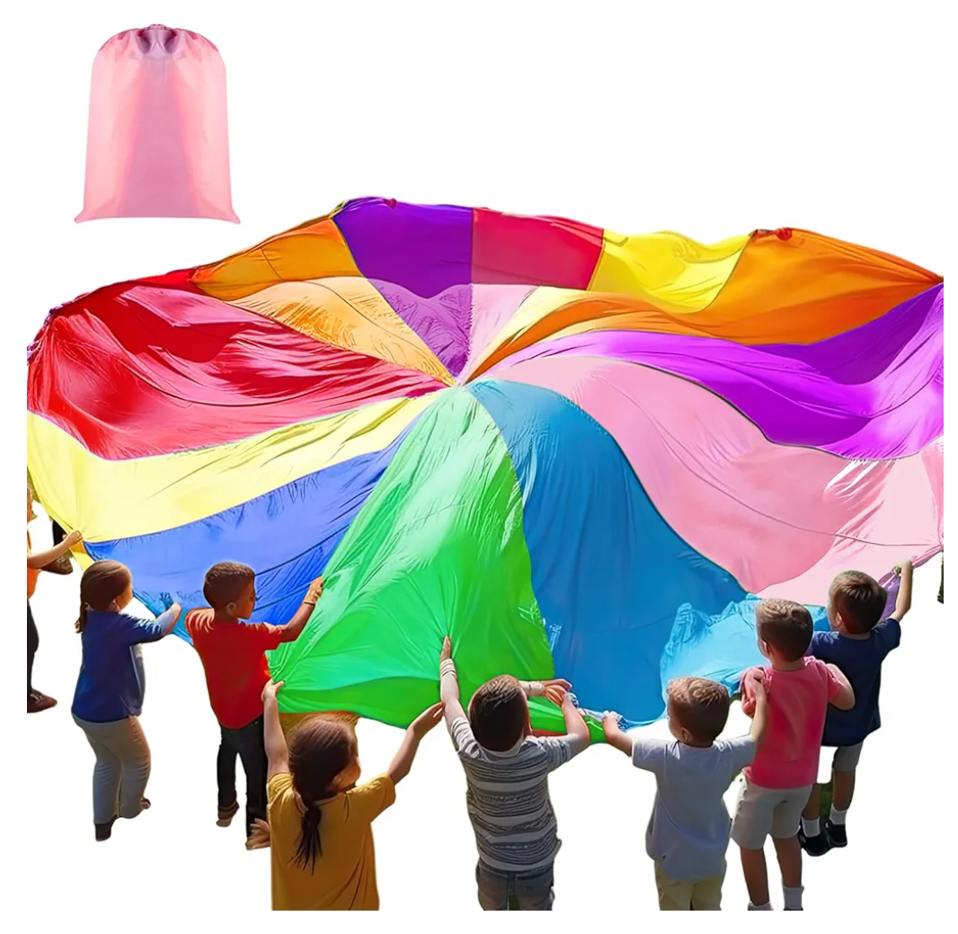 Play Parachute, Large Rainbow Parachute with Handles Multicolored Toy Tent Cooperative Group Play Games for Indoor Outdoor Playground Activities