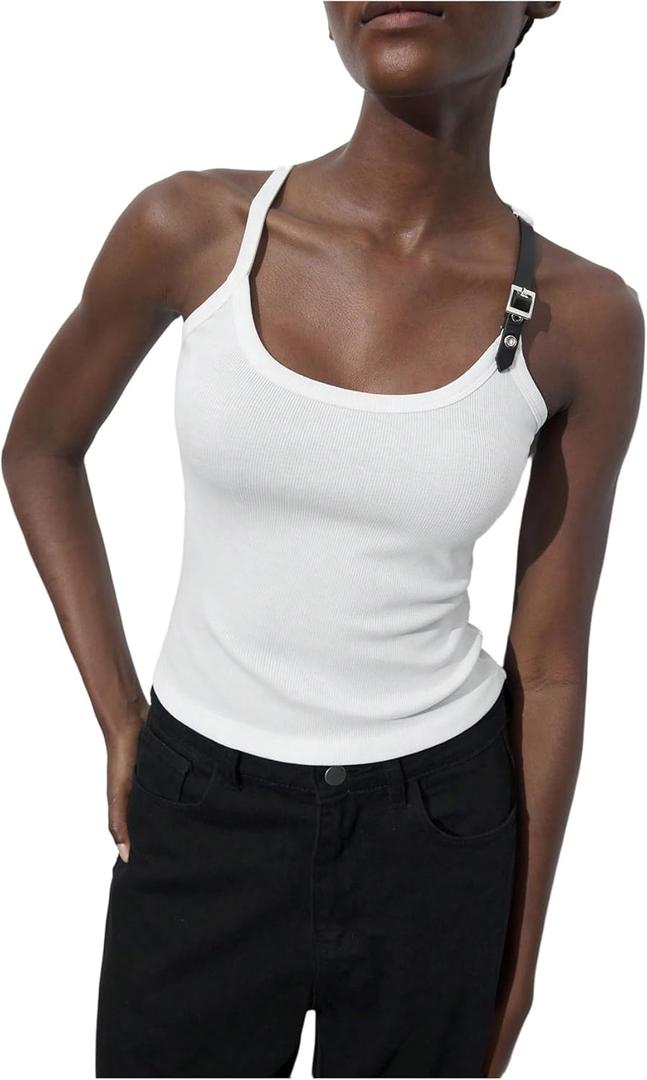 Women's Y2K Adjustable Strap Ribbed Tank Tops Metal Buckle Sleeveless Scoop Neck Going Out Shirts (L)
